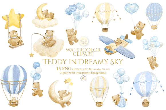Download Watercolor Teddy Bear with Dreamy Sky - Dreamy Collection