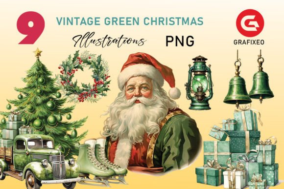 Download Vintage Green Christmas Illustrations - Premium Bundle